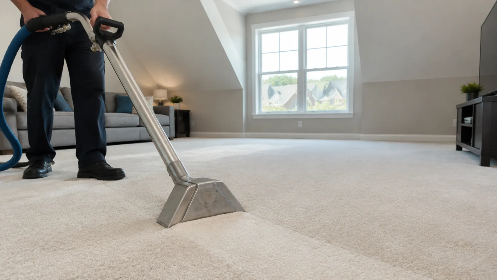 Extraction wand cleaning a cream carpet in a Huntersville bonus room over the garage