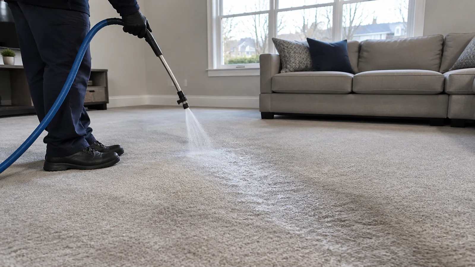 Carpet cleaner pre-treating a traffic lane in a Mooresville bonus room