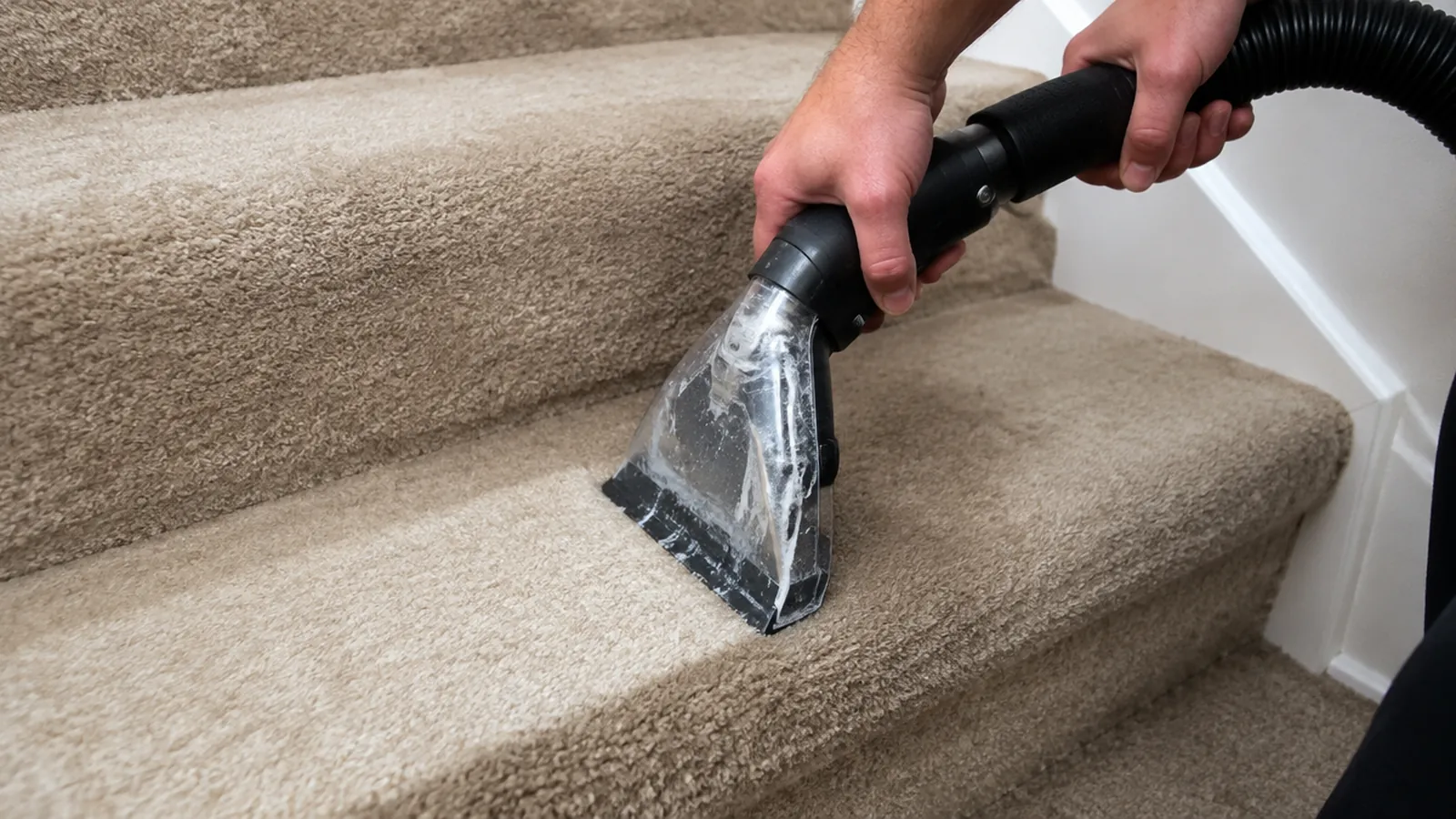 Hand tool cleaning the carpet on a single stair tread