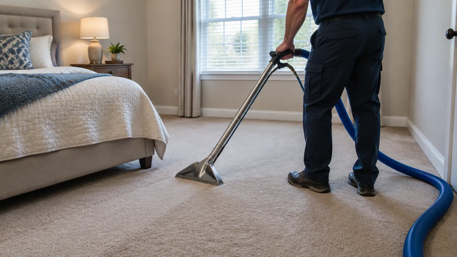 Technician running a carpet extraction wand across a beige bedroom carpet