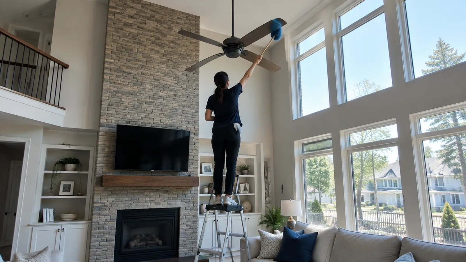 Cleaner on a step stool dusting a ceiling fan in a tall Huntersville family room