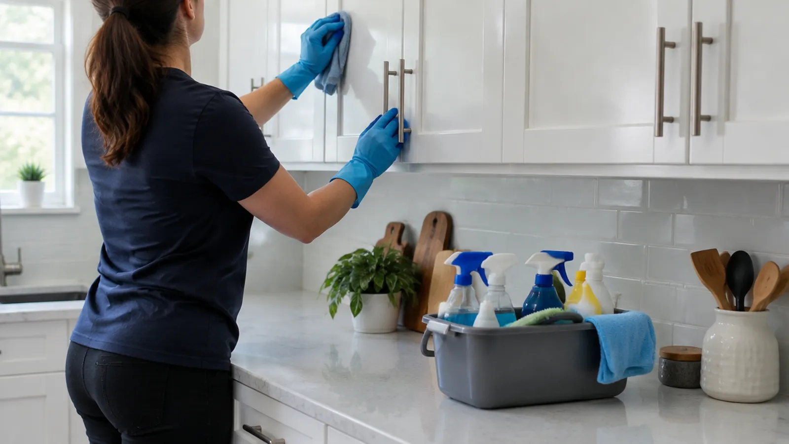 Cleaner wiping cabinet doors and handles in a Mooresville kitchen during a deep clean