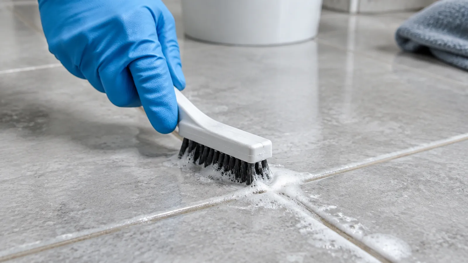 Close-up of a grout brush working along tile lines on a bathroom floor