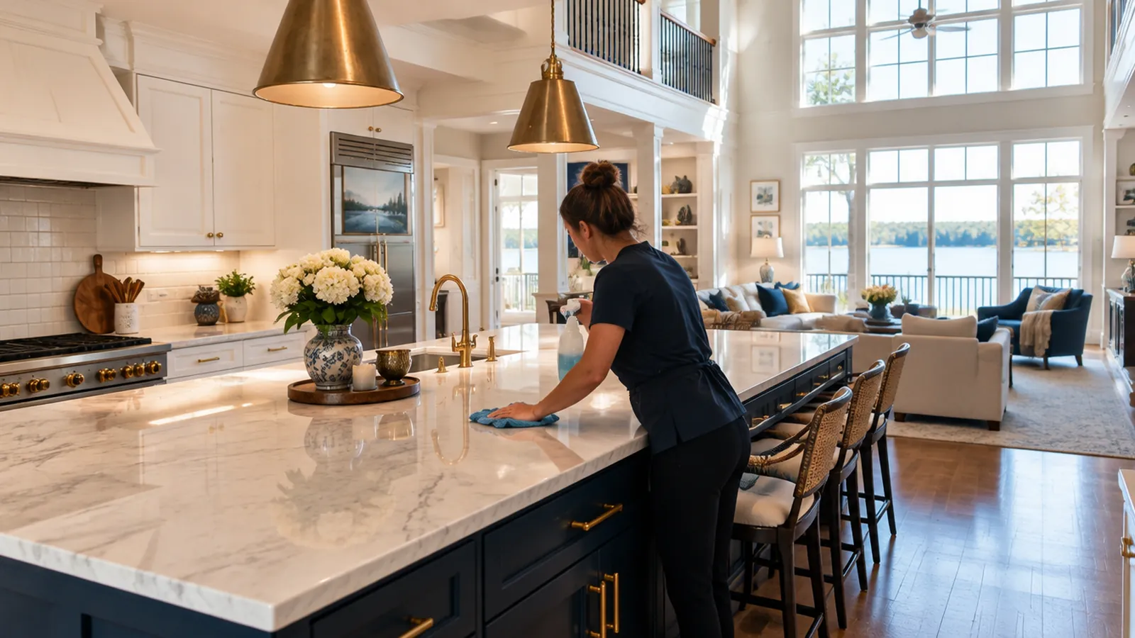 Cleaner wiping a kitchen island in a bright two-story home near Lake Norman