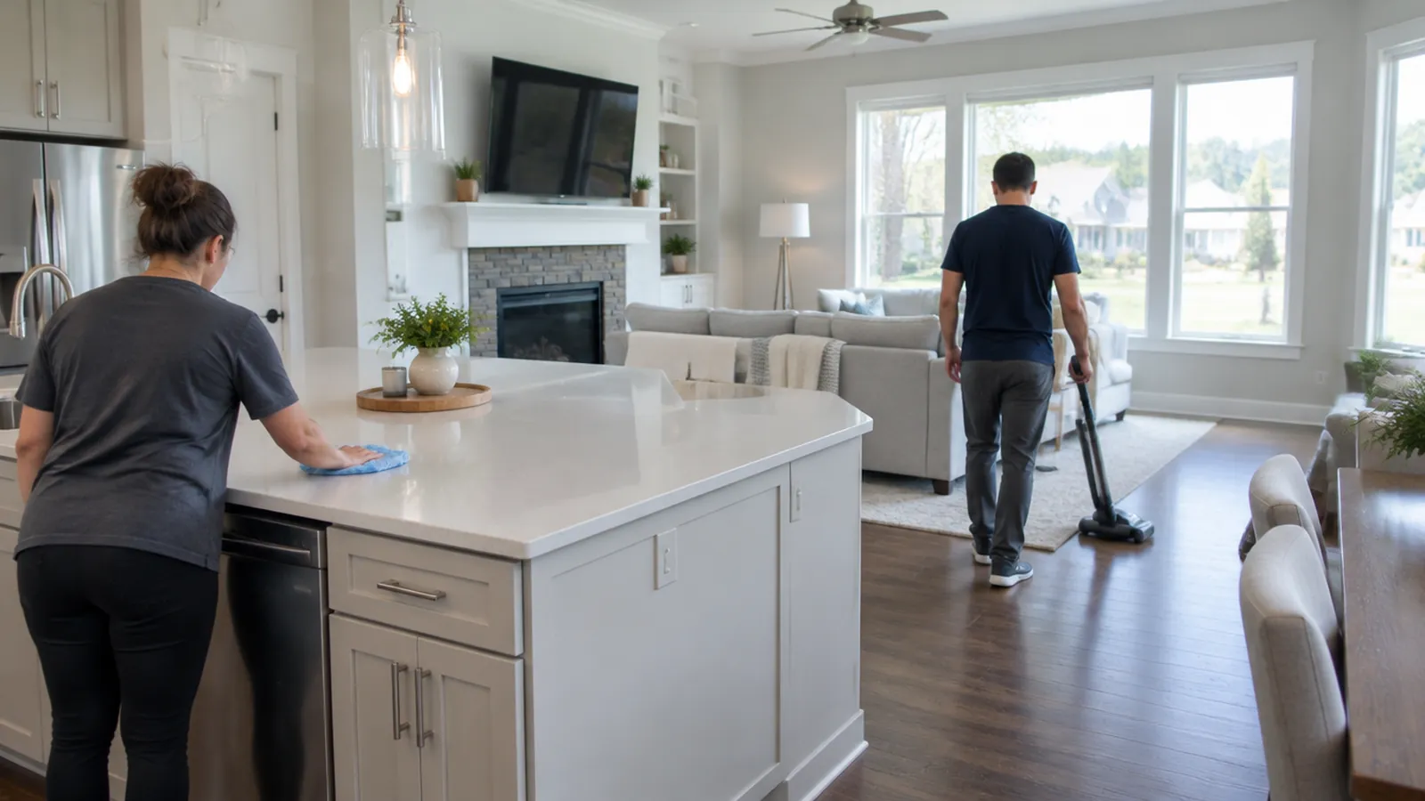 Two cleaners working through an open-plan kitchen and family room in a newer Huntersville house