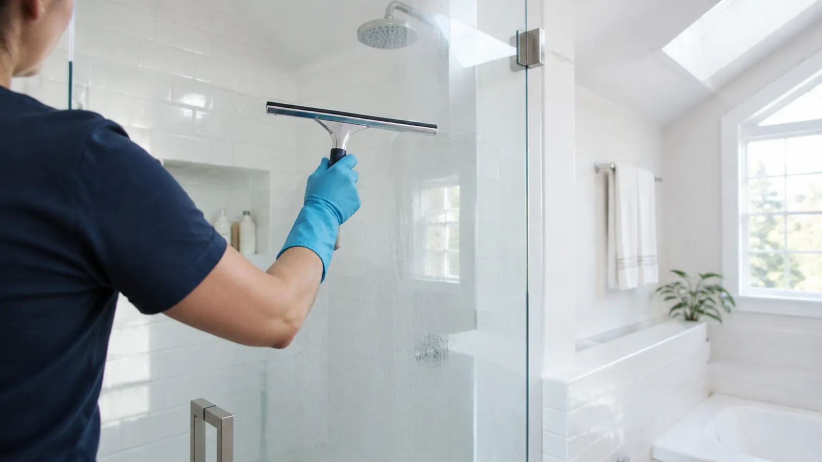 Cleaner squeegeeing a glass shower door in an upstairs bathroom