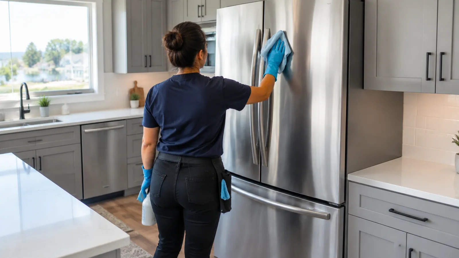 Cleaner polishing a stainless refrigerator in a newer Mooresville kitchen with gray cabinets