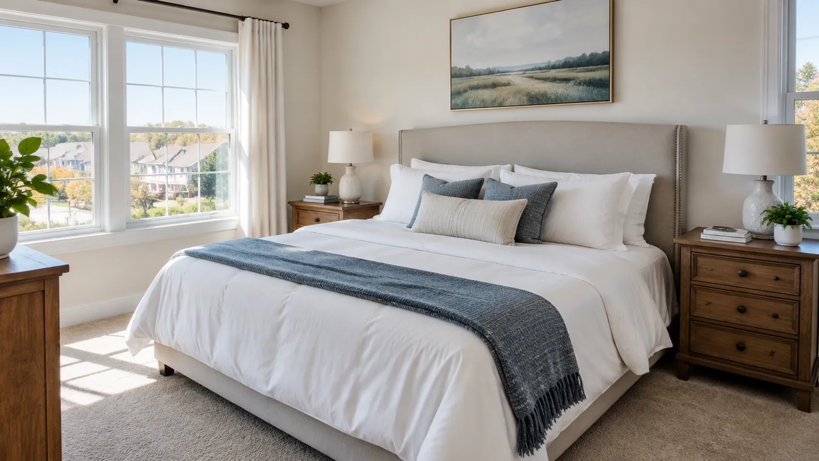 Freshly made bed and dusted nightstands in a bright upstairs bedroom