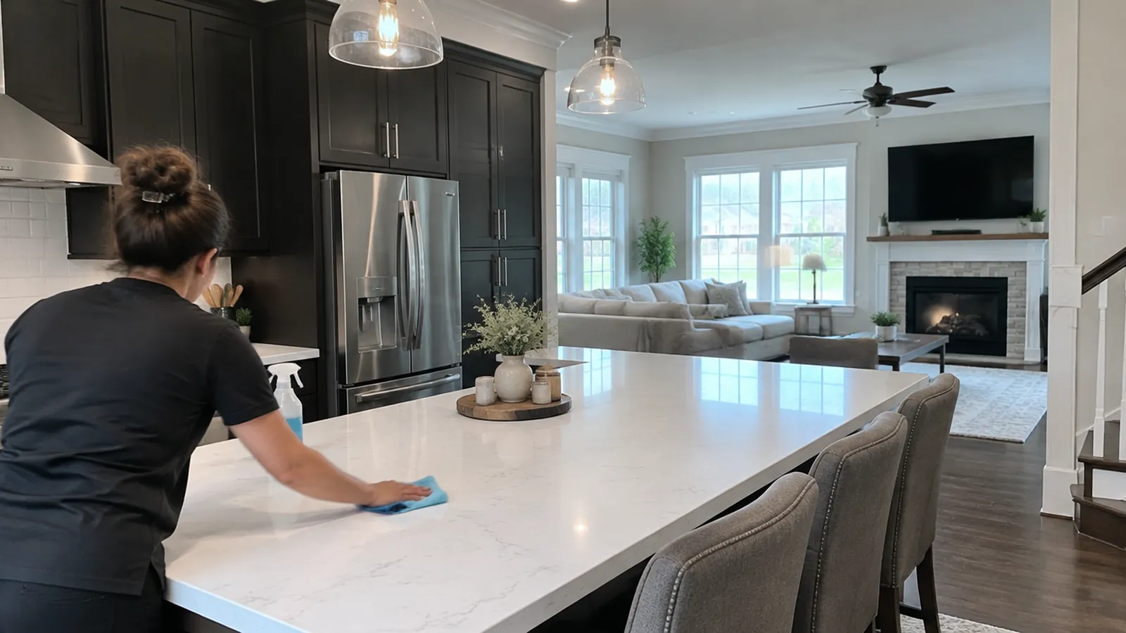 Cleaner wiping down white quartz counters in an open kitchen with a view of the family room