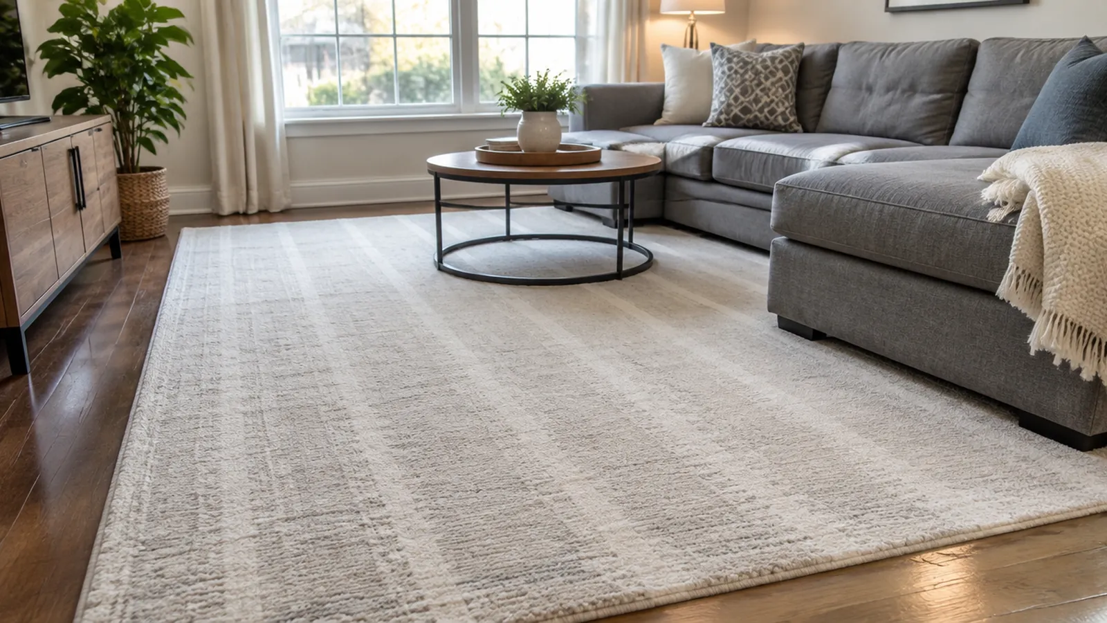 Vacuum lines on a living-room rug beside a sectional sofa after a routine clean