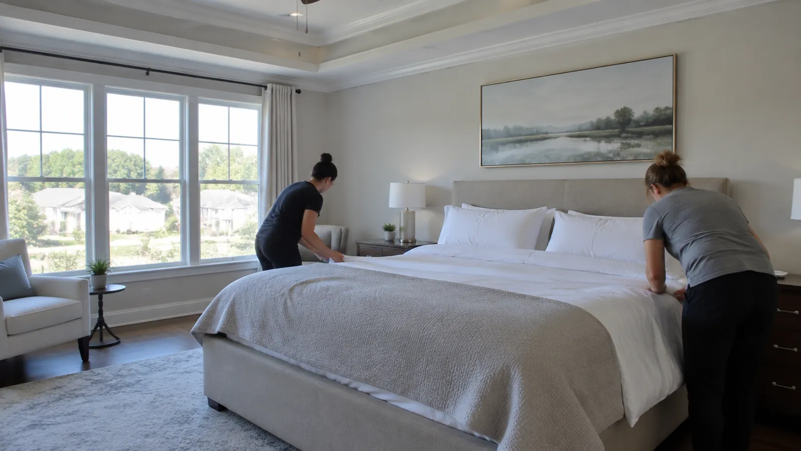 Two cleaners working together to make a bed in a Huntersville primary bedroom