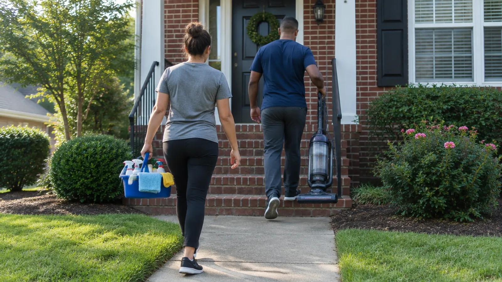 Two-person cleaning crew carrying a supply caddy and vacuum up the front steps of a brick house
