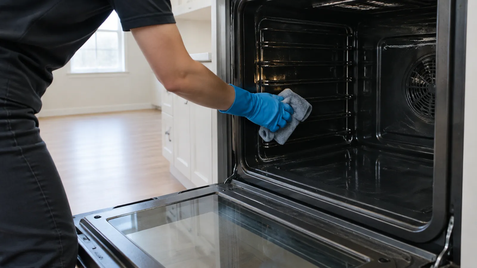 Cleaner wiping the inside of an empty oven in a Huntersville kitchen