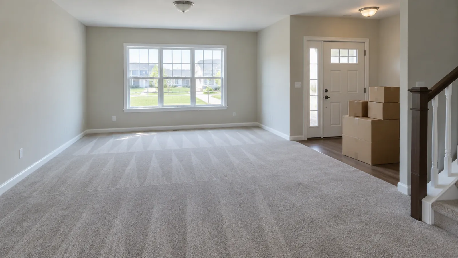 Empty living room with fresh vacuum lines and moving boxes stacked by the front door