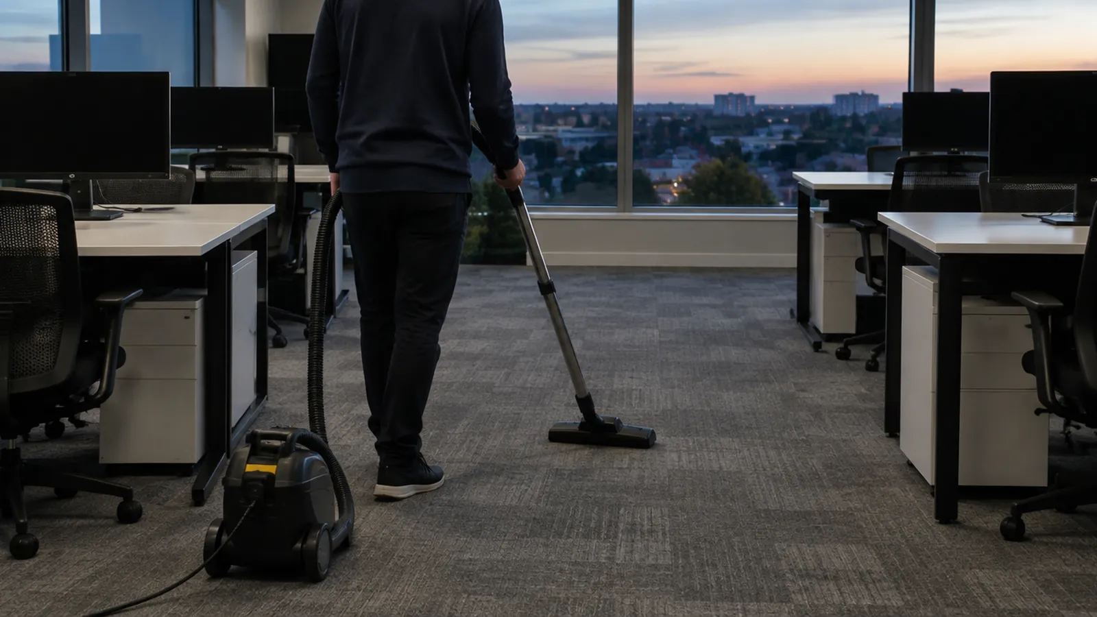 Cleaner vacuuming carpet tiles between rows of desks in a Huntersville office suite
