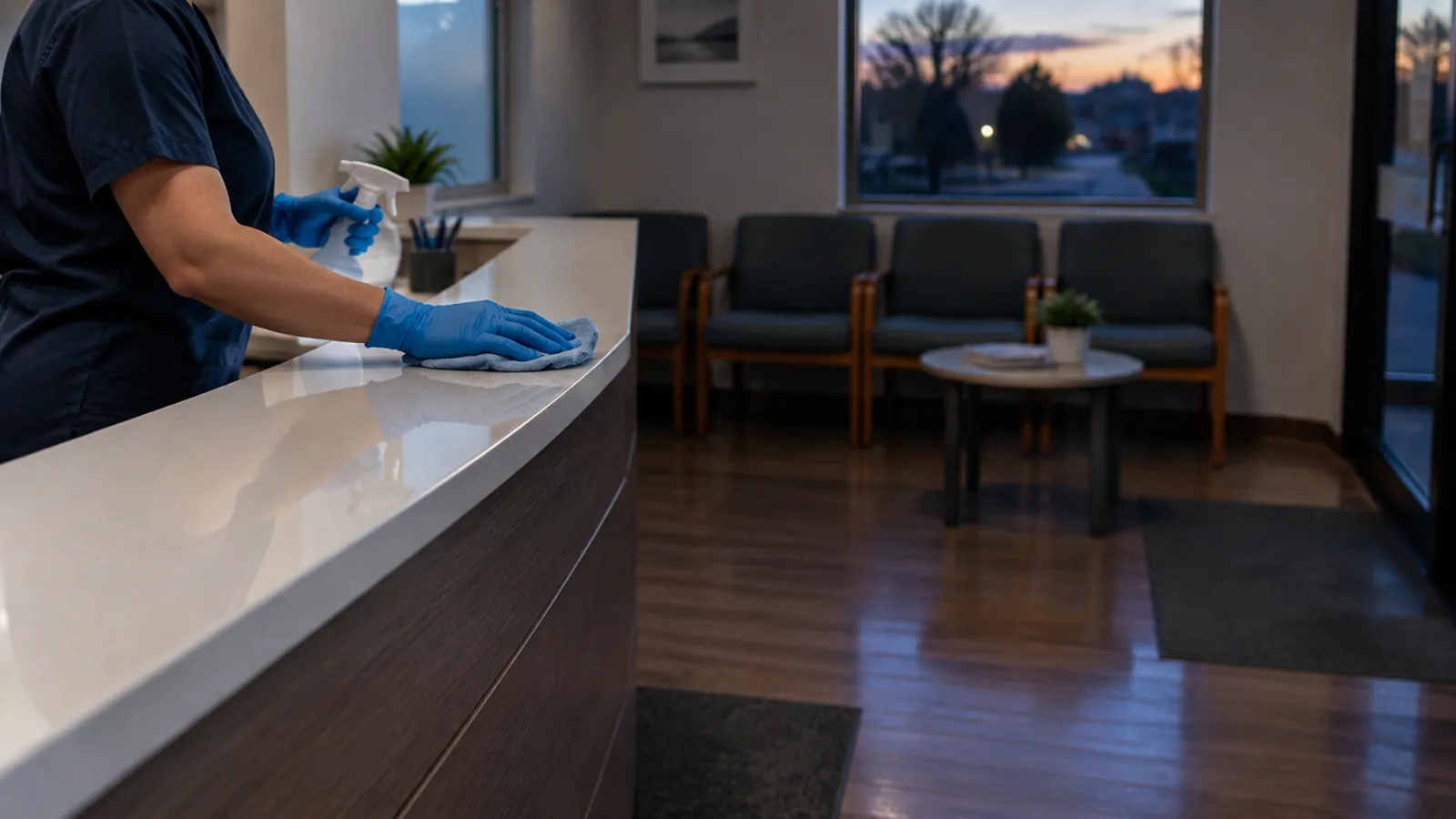 Cleaner disinfecting a reception counter in a Mooresville dental office after hours