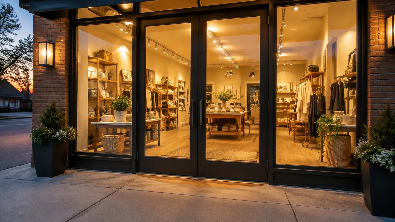 Clean glass entry doors of a small retail shop at dusk