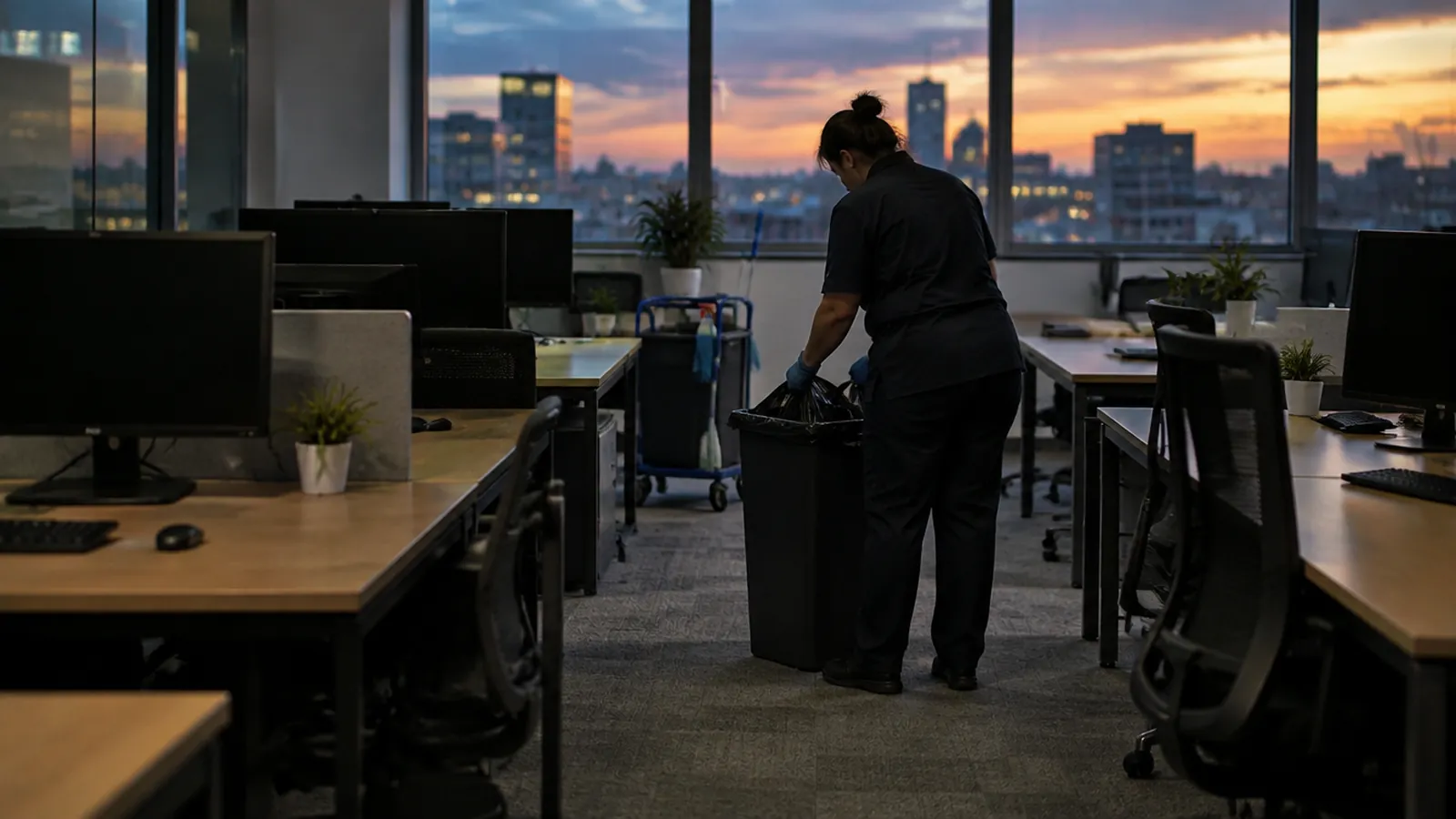 Cleaner emptying bins between desks in a small open-plan office after closing time