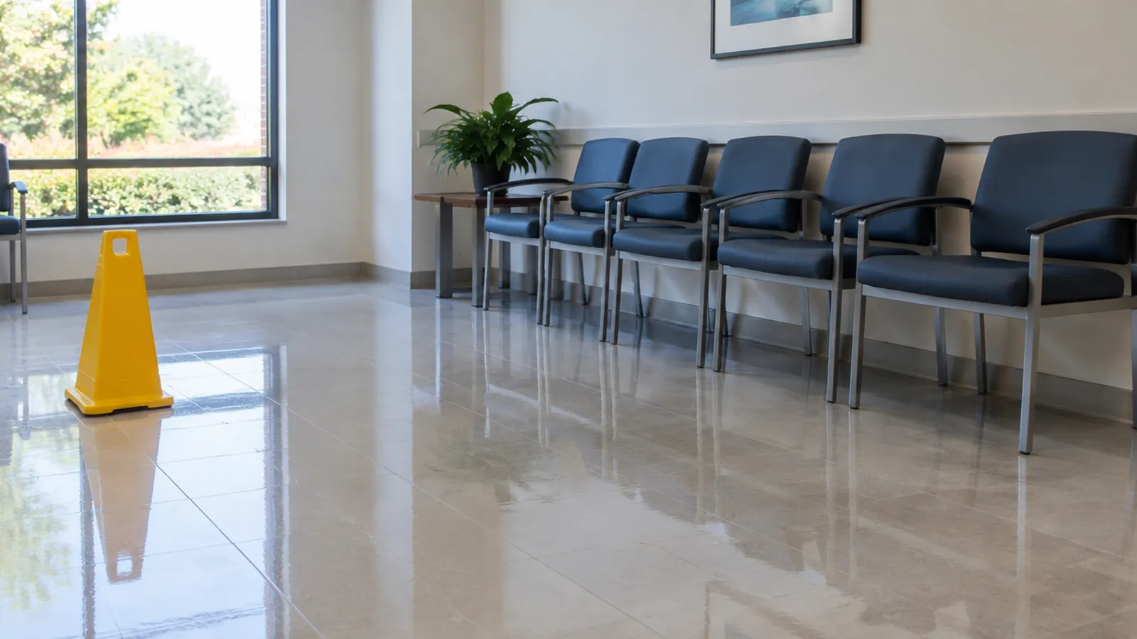 Freshly mopped tile floor in a quiet clinic waiting room with chairs along the wall