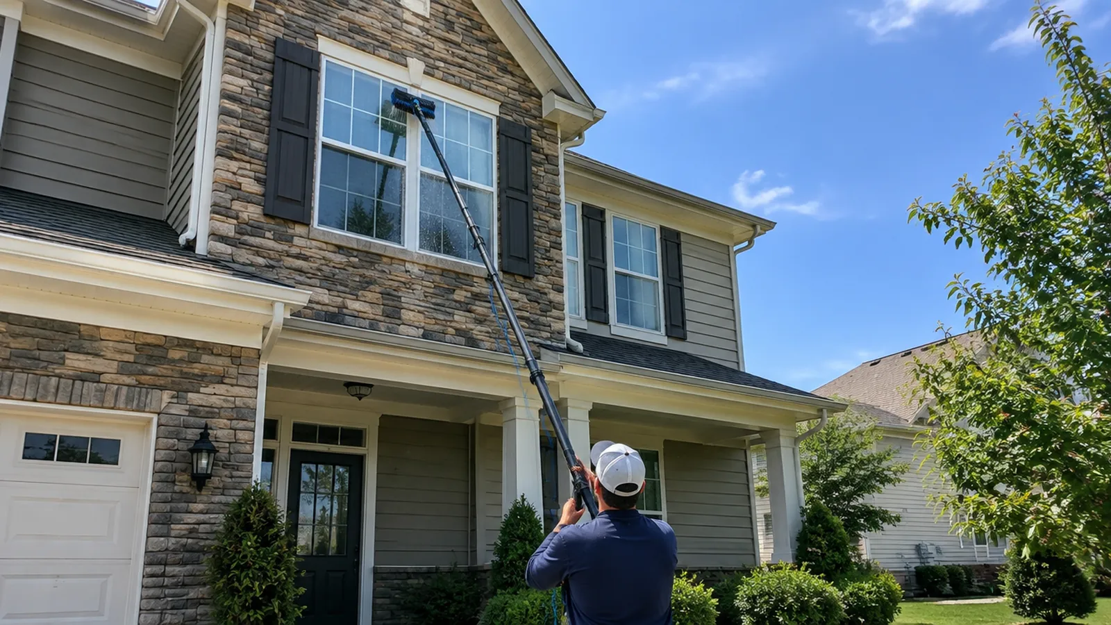 Water-fed pole reaching second-story windows on a Huntersville house with stone trim