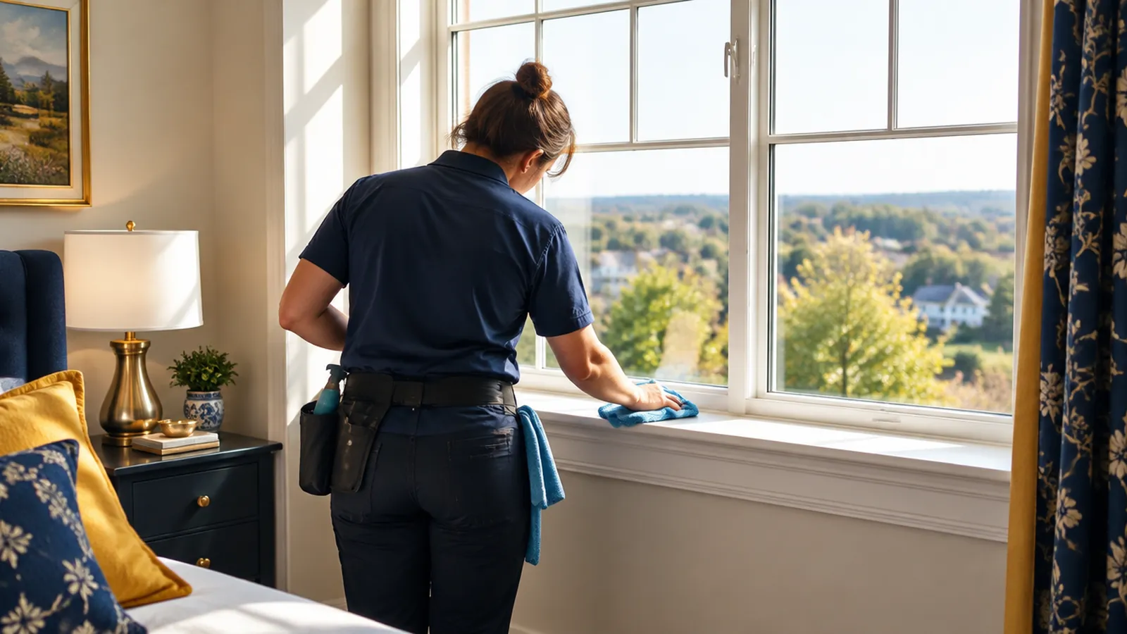 Window cleaner wiping the sill of a bright upstairs window in a Mooresville home
