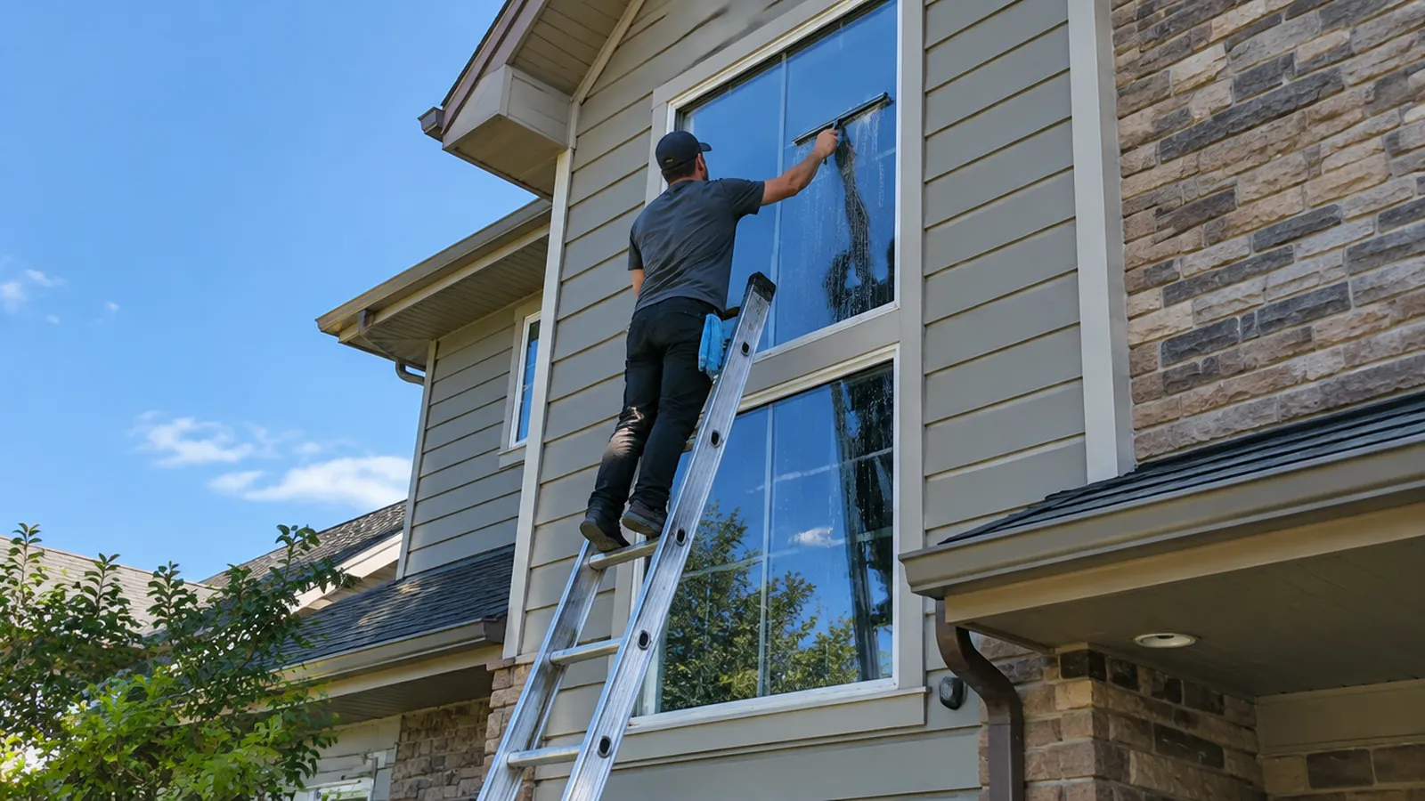 Window cleaner using a squeegee on a tall two-story window from a ladder