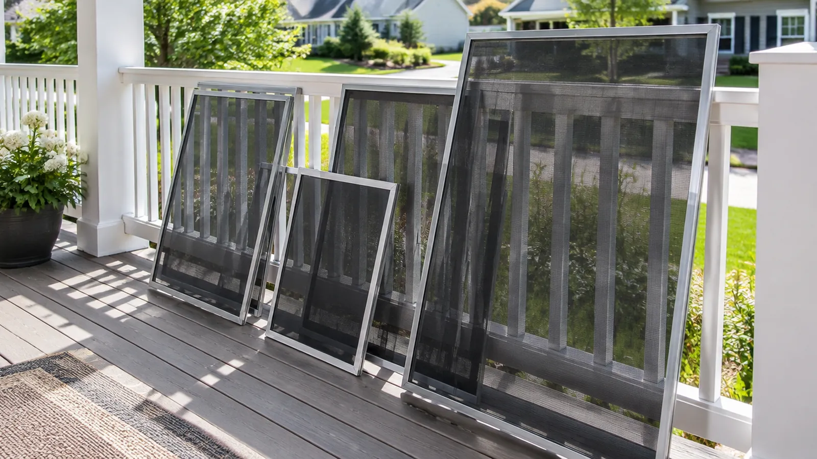Clean window screens leaning against a porch rail to dry in the sun